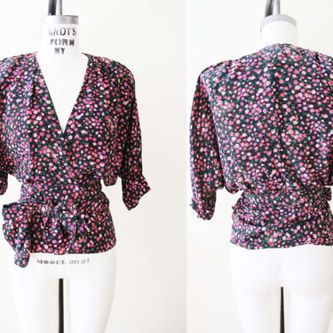 Vintage 80s Givenchy Silk Wrap Top - 1980s Black Pink Big Shoulder Plunge Neck Crop Blouse 