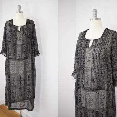 Antique 1920s Novelty Print Cotton Dress | L | Vintage 20s Flapper Dress Black and White Asian Inspired Print | Assuit 