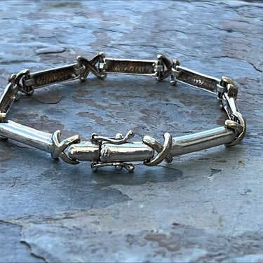 Vintage Sterling Silver Rectangular Bar and X Link Barbwire Western Bracelet - 7 Inches 