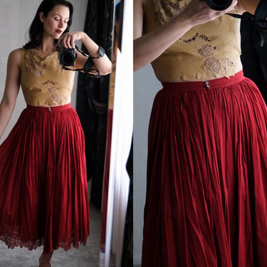 Vintage 70s Italian Scarlet Red Pleated High Waisted Peasant Skirt w/ Triangle Floral Hemline | Made in Italy | 1970s Designer Boho Skirt 