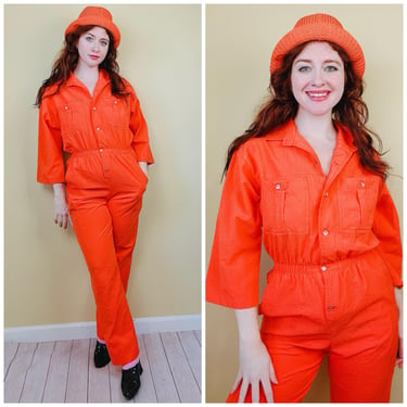 1980s Vintage Wildflower Orange Crinkle Jumpsuit / 80s Windbreaker Material Dolman Sleeve Flight Suit / Size Medium - Large 