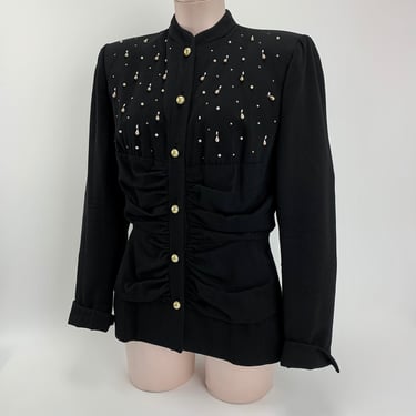 1940'S-50's LILLI ANN Jacket - Rhinestone & Pearls Encrusted - Imported French Wool - Satin Lined - Gathered Bodice Fabric - Womens Medium 