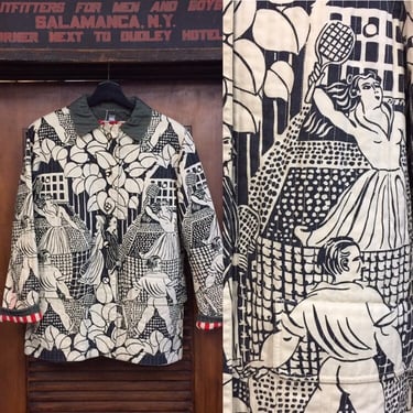 Vintage 1980’s “Geoffrey Beene” Tennis Figurative Quilted Jacket, 3/4 Jacket, Candy Stripe, Grid Pattern, Sports Print, Vintage Clothing 