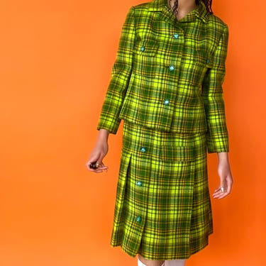 1960s Dior New York Lime Green Plaid Skirt Set, sz. M