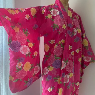 Cheerful cotton floral kimono, loungewear robe, Japanese kimono robe, hot pink, XS/S 