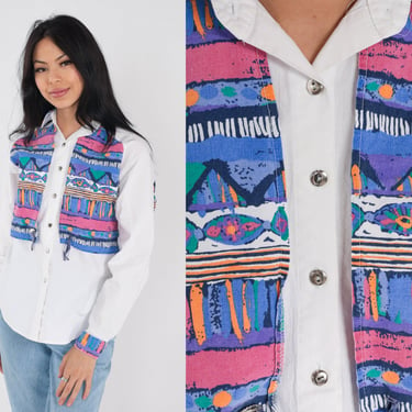 Southwestern Blouse 90s Button Up Collared Western Shirt Layered Yoke Concho Rodeo Long Sleeve White Purple Pink Green Vintage 1990s Medium 