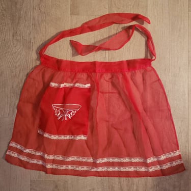 Pretty Red and White vintage embroidered sheer  Holiday Apron 