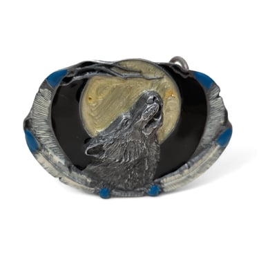 1994 Vintage Wolf Belt Buckle, Howling at the Moon, Enameled Pewter, Siskiyou, Native American, 1990s Mens Womens Clothing & Accessories 