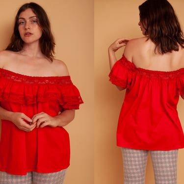 Vintage 70s Off The Shoulder Mexican Lace Red Cotton Top Blouse Plus Size 