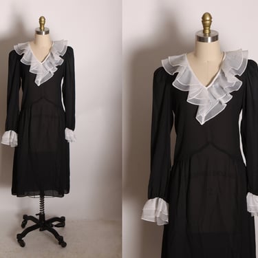 1970s Semi Sheer Black White Trim Ruffle Collar Long Sleeve Wednesday Addams Style Dress by JT Dress -M 