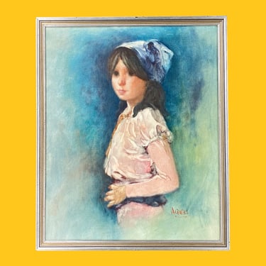 Vintage Philippe Alfieri Print 1970s Retro Size 28x23 Mid Century Modern + Young Peasant Girl + Portrait + Reproduction + Wall Art + Decor 