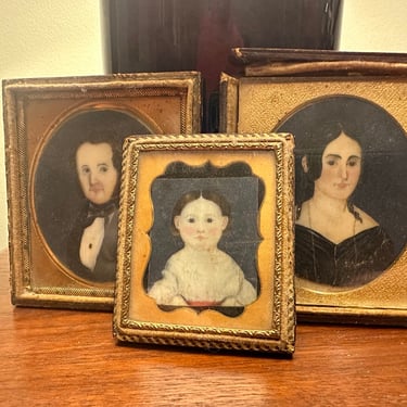 Victorian Family Trio Painted Portraits housed in Daguerreotype Cases, UK 