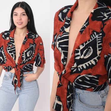 80s Crop Top Tie Front Blouse Red Tie Dye Cropped Shirt Abstract Petroglyph Fish Print Boho Summer Festival Vintage 1980s Medium Large 