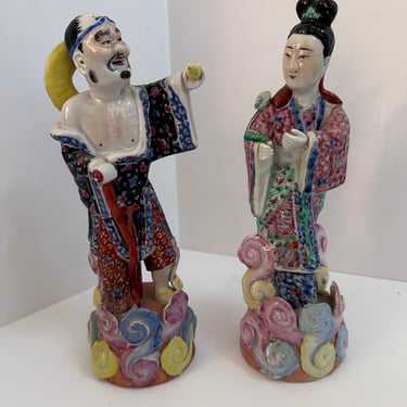 Vintage Geisha Warrior Statues Porcelain Asian Kutani Chinoiserie Decor 