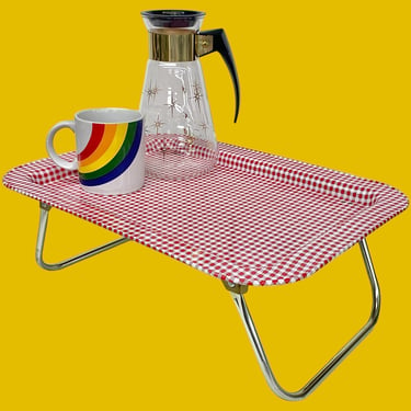 Vintage Metal Lap Tray Retro 1960s Mid Century Modern + Red and White + Gingham + Folding Metal Legs + Bed or TV Table + MCM Serving + Food 