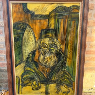 Large Vintage Circa 1966 Rabbi Writing on the Book Oil Painting on Canvas signed Israeli by LeChalet