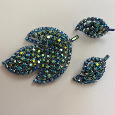 vintage 1950s Julianna aqua rhinestone brooch and earrings 50s jewelry set leaf 