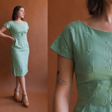 Vintage 50s Mint Green Embroidered Dress/ Size Small 