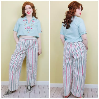 1980s Vintage Fire Islander Rainbow Striped Pants / 80s High Waisted Elastic Cotton Pants / XL 