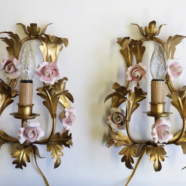 Lovely Pair of Gilded Tole Italian Wall Sconces With Hand Made Pink Porcelain Roses Flower Wall Lights Hollywood Regency Romantic 1950 1960 