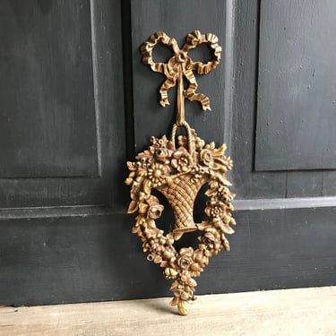 French Gilt Ormolu Mount, Floral Roses, Ribbon Bow, Cartouche, Armoire Furniture Wall Mount, Ornate Hardware, Chateau Decor 