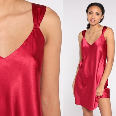 Red Slip Dress 90s Satin Chemise Mini Dress Lingerie Nightgown Boho Sexy Nightie Retro Going Out Romantic Sleeveless Vintage 1990s Medium M 