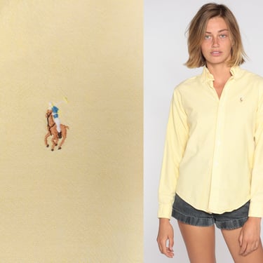 Pastel Yellow Button Up 90s Oxford Shirt Embroidered Polo Horse Preppy Collared Shirt Cotton Long Sleeve Plain 1990s Vintage Men's Small S 