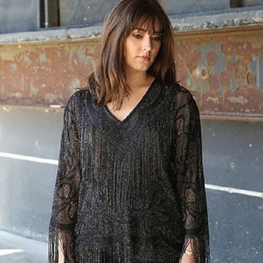 Fringe Top, Vintage 1970s, Fantastiko, Festival Style, Silver Black, Small Women, Made in Japan 