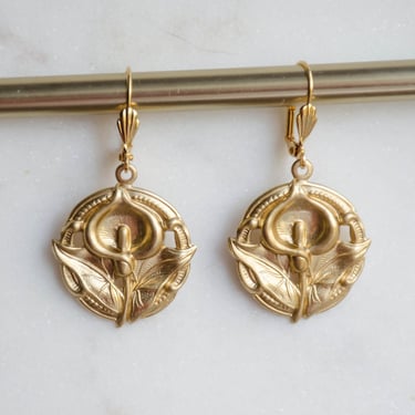 gold flower earrings, Art Nouveau calla lily earrings, vintage brass earrings, nature woodland gift for her, statement earrings 