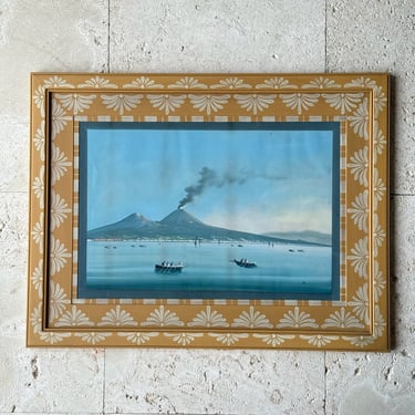 19th C. Neapolitan Gouache of the View of Vesuvius by Day I Circa 1830 in Yellow Gusto Painted Frame V