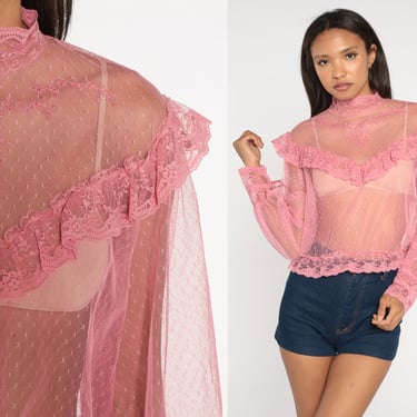 Pink Lace Blouse 70s Sheer Puff Sleeve Shirt Ruffled Victorian Top Party Going Out Mock Neck Retro Romantic Yoke Vintage 1970s Medium Large 