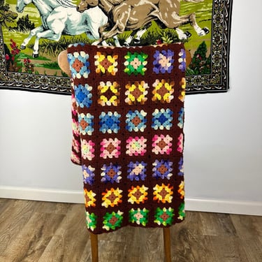 Vintage Hand Crocheted “Granny Squares” Throw Blanket 