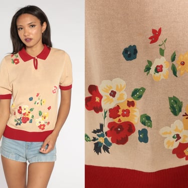 Floral Knit Shirt Y2K Warm Tan Polo Top Rhinestone Sweater Shirt Red Collar Keyhole Spring Blouse Short Sleeve Vintage 00s Medium M 