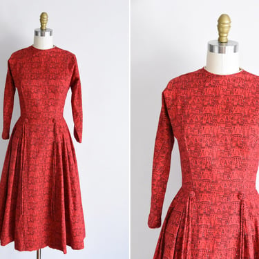 1950s Little Red City dress/ vintage 50s novelty dress / cotton novelty sundress 