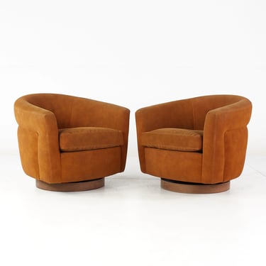 Milo Baughman for Thayer Coggin Mid Century Walnut Barrel Swivel Lounge Chairs - Pair - mcm 