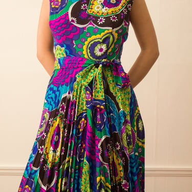 1960s Psychedelic Paisley Pleated Palazzo Jumpsuit 