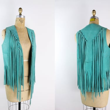 70s Turquoise Fringe Leather Vest / Boho / Bohemian Vest / Suede Fringe Vest / XS/S 