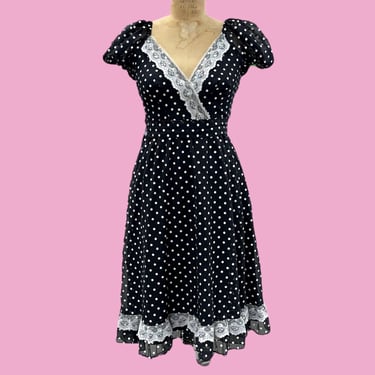 Vintage Candi Jones California Dress Retro 1970s Prairie + Puff Sleeves + Polka Dot + Black and White + Lace + Midi Length + Womens Apparel 