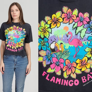 90s Flamingo Bay Cropped Tourist Tee - One Size | Vintage Colorful Neon Puffy Graphic Crop Top 