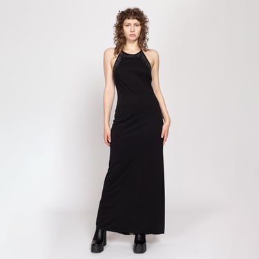 Medium 90s Black Beaded Sheer Low Back Maxi Dress | Vintage Halter Sleeveless Slinky Sexy Formal Train Gown 