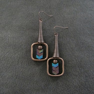 Copper geometric industrial earrings multicolor, square 