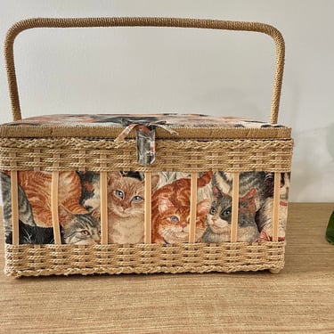 Vintage Sewing Basket with Handle and Cats - Wicker Sewing Box 