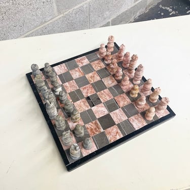 Vintage Marble Chess Set Retro 1990s Hand Carved + Stone + Grey and Pink + 11 x 11 + Strategy Board Game + Tactical Mind Sport + Home Decor 
