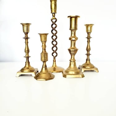 Vintage Brass Mismatched Candlestick Holder Set 