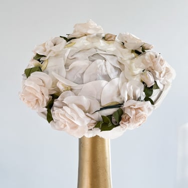 Sweet 1950's Replica de Parisienne White Rose Wide Brim Hat / OS