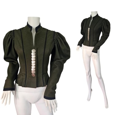 Vtg Victorian Style Dark Green Wool Bavarian Jacket I Mutton Sleeves I Sz Med I Fretnavrex Lvd XIIII DG 