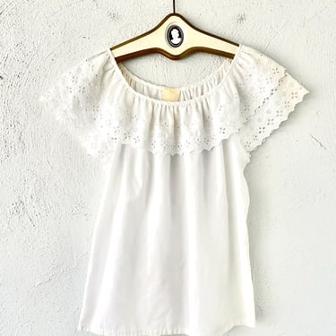 Vintage 70s Boho Off Shoulder Shirt White 1970s Boho Folk Lace Ruffle Peasant Top 