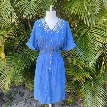 Vintage 80’s Jean Dress with Silver and Rhinestone Studs M Light Wash Denim 
