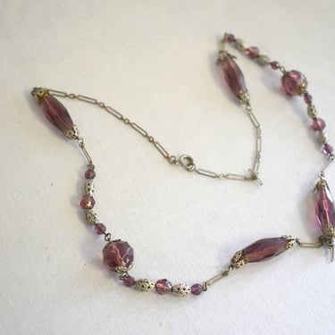 1920s Purple Glass Bead and Silver Chain Necklace 