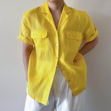 vintage linen blouse linen top linen shirt button down yellow minimalist capsule wardrobe 90s retro style boyfriend style size M 